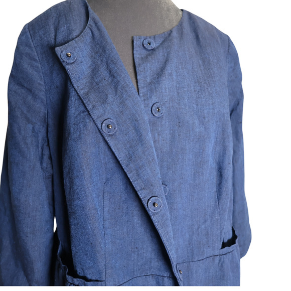 Talbots Navy Linen Jacket Blazer Peplum Lightweight Sz 14WP Corpcore Collarless - Picture 6 of 10
